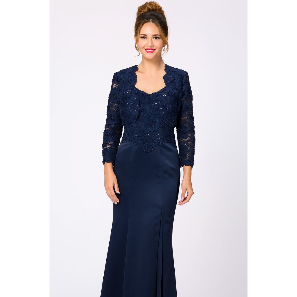 Tina di Martina Navy Lace Satin Evening Maxi Gown & Bolero Jacket Set READ